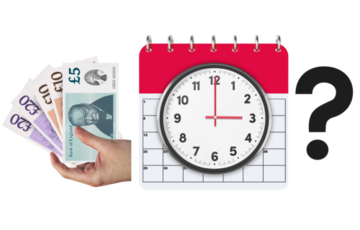 A handful of pound notes next to a calendar and clock with a question mark