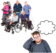 A group of people with different disabilities and a man thinking and holding his head