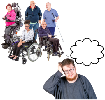 A group of people with different disabilities and a man thinking and holding his head