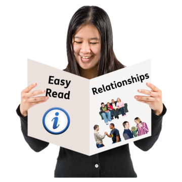 A woman reading an Easy Read book about relationships