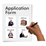 A picture of an application form with entry fields for name, address, education and work.