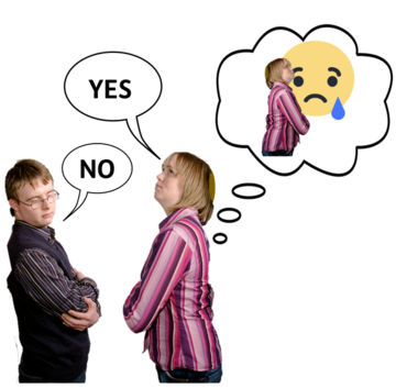 A woman saying yes and a man saying no. This is making the  woman feel sad