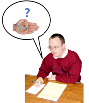 A man sitting at a desk ready to write down the answer to his question about how much change you would get
