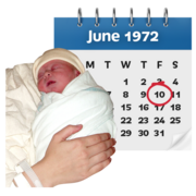 A calendar showing June 1972 with Friday 10th circled in red next to a picture of a baby