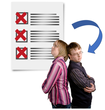 A picture of a list with red crosses on it sits behind a woman who is looking at the list with her arms folded. The woman is standing back to back with a young man who also has his arms folded and there is a blue arrow pointing to him.