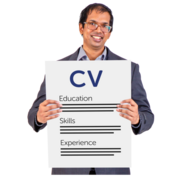 A man holding up a CV.