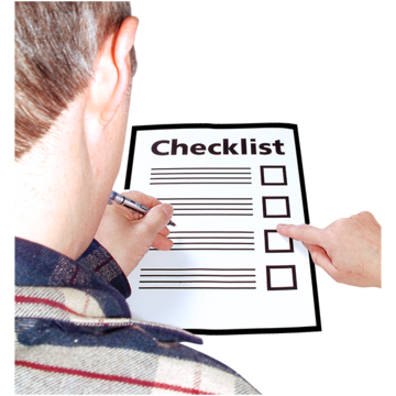 A person going through a checklist on a piece of paper.