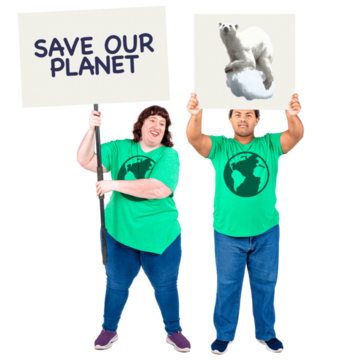 A man and a woman holding up signs which say Save our planet