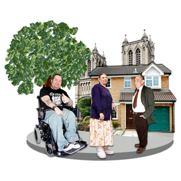 Three people outside a house standing on a pavement. Next to the house is a tree and behind the house is a church.