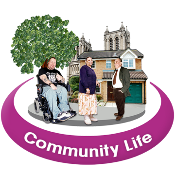 Three people next to a tree, a house and a church. There is a caption that says 'Community Life'.