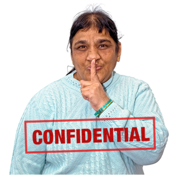 A woman with her finger on her lips and a sign saying Confidential