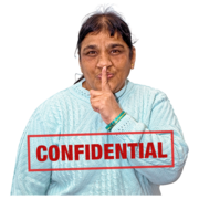 A woman with her finger on her lips and a sign saying Confidential