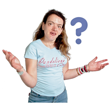 A woman holding out her arms with her palms upwards with a question mark beside her