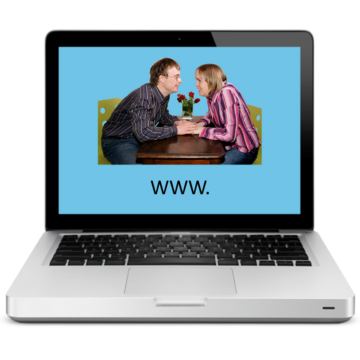 A laptop screen showing a couple holding hands at a table with www. written underneath them