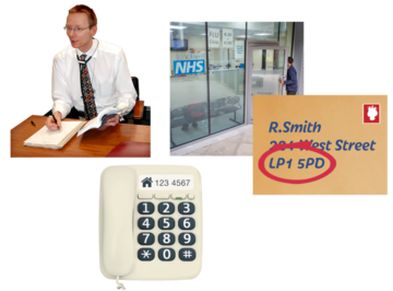 A doctor next to the entrance of a surgery with an addressed envelope and a phone
