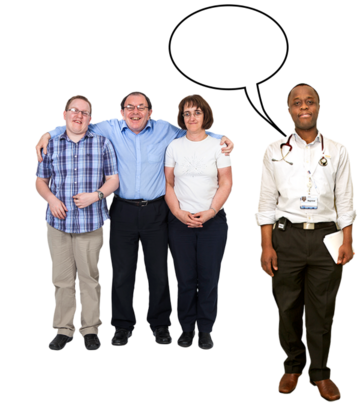 A doctor stands in front of two men and a woman. The doctor is talking.