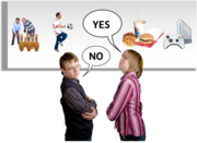 A sign showing people bowling, a footballer, a burger and chips, and a play station. In front of the sign are a man saying no and a woman saying yes.