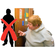 A woman opening her door to a silhouette of a man with a red cross over him