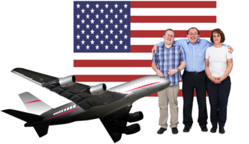 Three people in front of a USA flag standing next to a picture of a plane