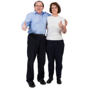 A man with his arm around a woman. Both have their thumbs up