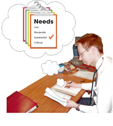 A doctor is sitting at a desk writing a report thinking about what help someone needs