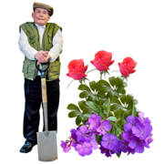 A man with a shovel next to some flowers.