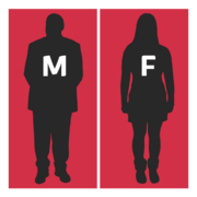 Outlines of a man and a woman on a red background.