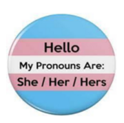 A badge which tells you the pronoun to use for the person wearing it. This badge says Hello, my pronouns are: she / her / hers