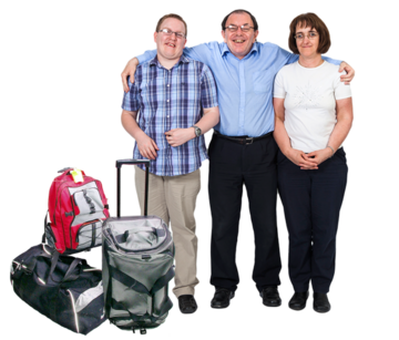 Two men and a woman with three bags of luggage