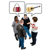A group of four people are talking. One man tells someone they like their handbag. Another person says that one of the group is good at playing the guitar.