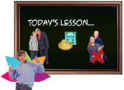 A classroom blackboard with chalk words saying 'Today's lesson...' with three pictures underneath it. One is a couple kissing, one is a condom and the other is a picture of a woman being touched on her breast by a man which has a red cross over it. In front of the blackboard is a smiling man with his thumbs up and a wellbeing symbol behind him.