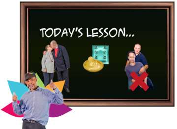 A classroom blackboard with chalk words saying 'Today's lesson...' with three pictures underneath it. One is a couple kissing, one is a condom and the other is a picture of a woman being touched on her breast by a man which has a red cross over it. In front of the blackboard is a smiling man with his thumbs up and a wellbeing symbol behind him.