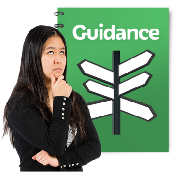 A woman strokes her chin in thought. She is next to a picture of lots of signposts with the heading 'Guidance'.
