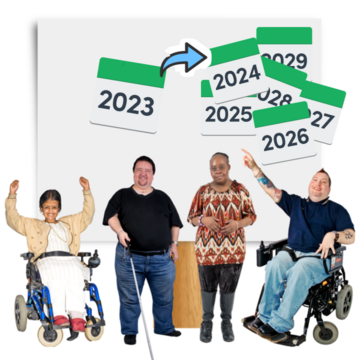 A group of people with different disabilities standing in front of a poster which shows a year pointing to other subsequent years
