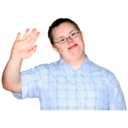 A man with Down's Syndrome waving and smiling to the camera