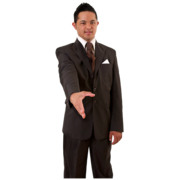 A man in a suit with his arm outstretched for a handshake.