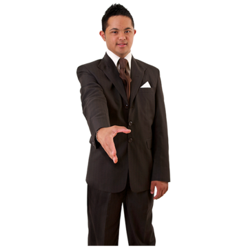A man in a suit with his arm outstretched for a handshake.
