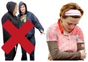 Two people in hoodies with a red cross over them are pointing to, and talking about, a girl who looks sad