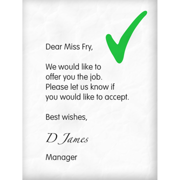 A picture of a letter offering someone a job.