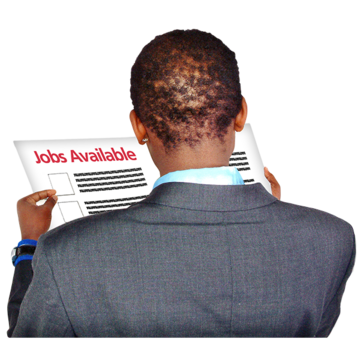 A man reading a page of a newspaper with the title, 'Jobs Available'.