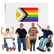 Four people with learning disabilities in front of the LGBQT+ flag