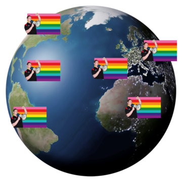Pictures of a man with a loudspeaker in front of the old look LGBT+ flag is show over different countries across the world