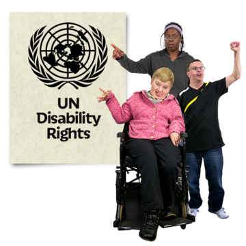 A UN Disability Rights poster with three people with disabilities pointing to it