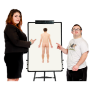 A woman and a young man with Down's Syndrome point to a flipchart which shows the back view of a naked mans body
