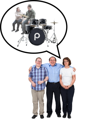 Two men and a woman. There is a speech bubble from the woman showing a man meeting another man who is behind a drum kit.
