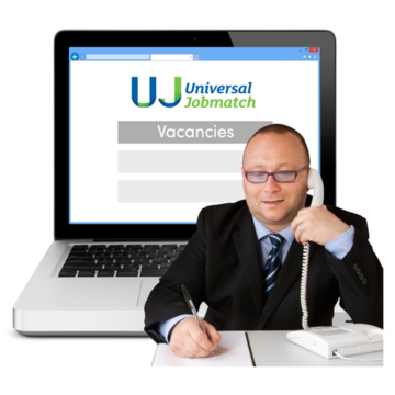 A laptop showing a jobs page and a man on a telephone.