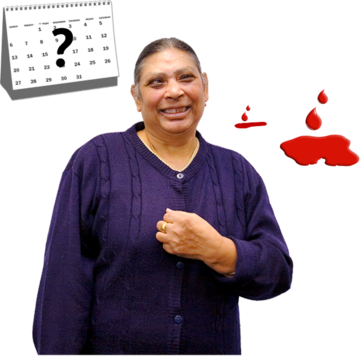 A woman pointing to herself surrounded by a calendar with a question mark on the page and a small  bit of blood and a big bit of blood