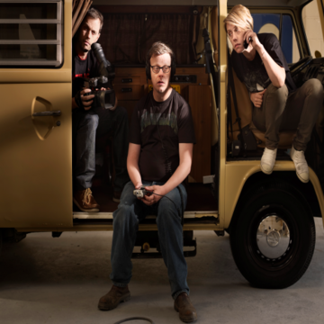 Katie, Will and Tom Spicer in the camper van they rented to find Lars from Metallica in America
