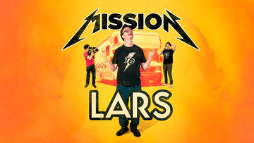 Artwork for the Mission to Lars film showing Tom Spicer in a heavy metal T-shirt standing in front his brother and sister and a lorry