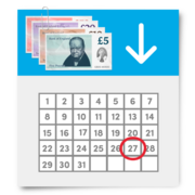 Different denominations of pound notes sit next to an arrow which points down towards a calendar month 